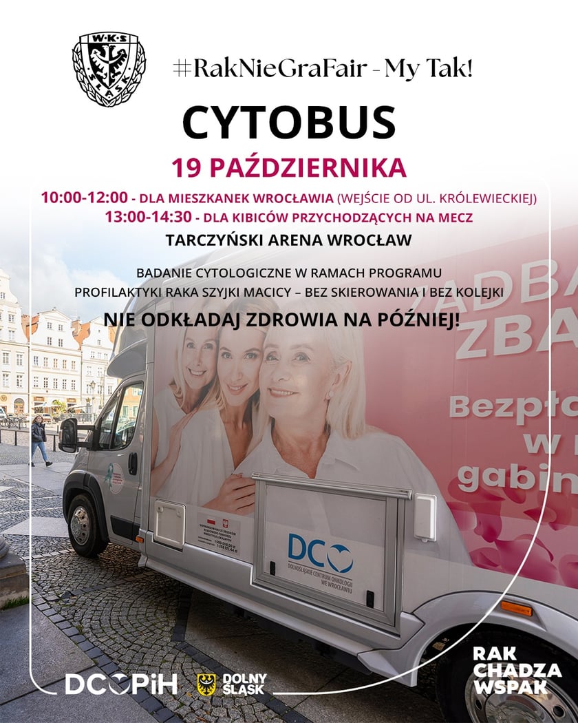 Plakat promujący badania cytologiczne przed stadionem Tarczyński Arena we Wrocławiu