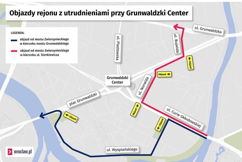 Mapa objazdów rejonu z utrudnieniami w rejonie pl. Grunwaldzkiego.