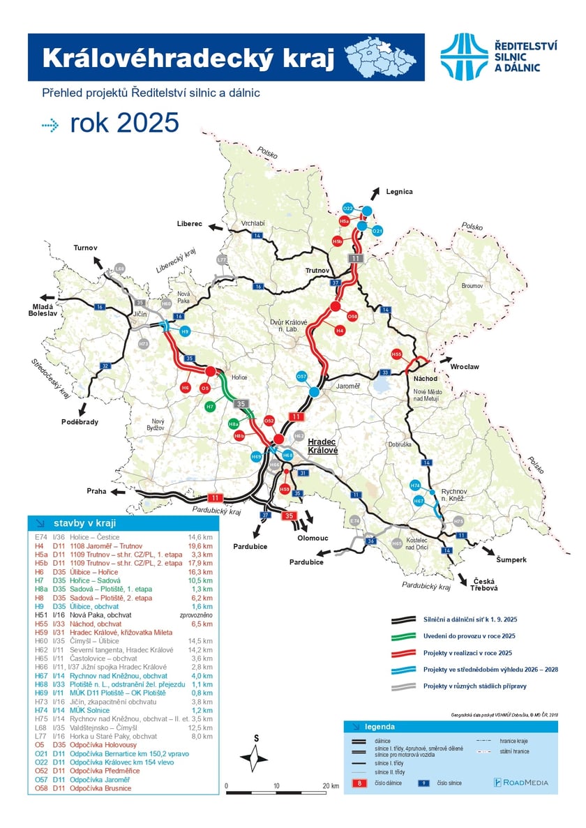 Budowy tras samochodowych w Královéhradecký kraj. Przebieg D11 Jaroměř - granica z Polską