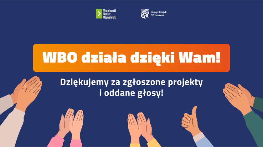<p>Infografika z napisem: WBO działa dzięki Wam! Dziękujęmy za zgłoszone projekty i oddane głosy </p>