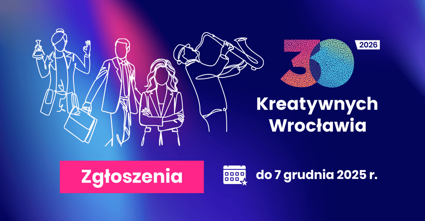 Grafika informująca o tym, że ruszają zgłoszenia do 30 Kreatywnych Wrocławia 2026 i potrwają do 7 grudnia 2025