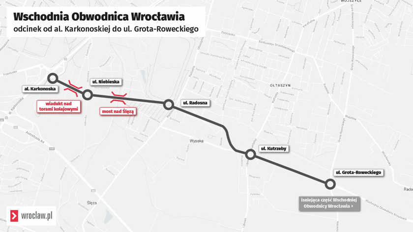 Mapa przedstawia ostatni odcinek Wschodniej Obwodnicy Wrocławia, którego budowa rozpoczęła się i potrwa do 2028 roku