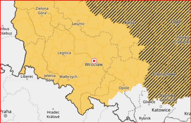 Mapa pokazująca obszar objęty ostrzeżeniem IMGW