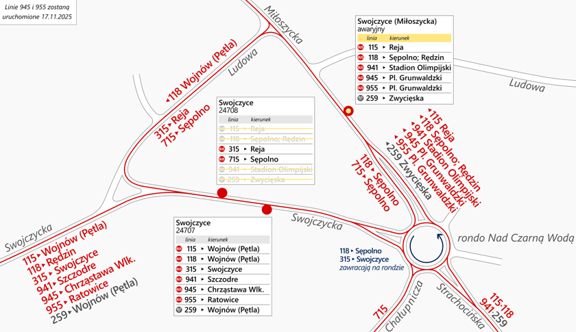 Układ przystanków podczas budowy TAT na Swojczyce, który obowiązuje od 15 listopada 2025 r.