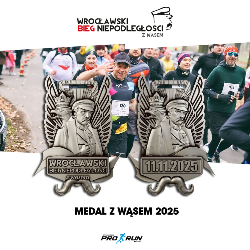 Grafika promująca Wrocławski Bieg Niepodległości z Wąsem i medale 2025