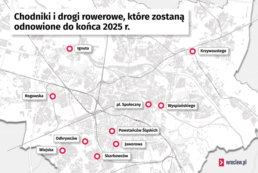 Mapa Wrocławia z zaznaczonymi miejscami, gdzie w 2025 roku będą remontowane chodniki i ścieżki rowerowe.