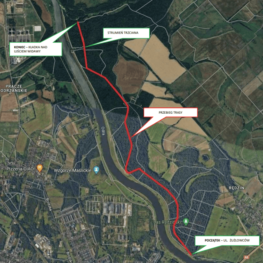 Przebieg planowanej trasy rowerowej przez las Rędziński - od ul. Żużlowców do nowej kładki nad Widawą