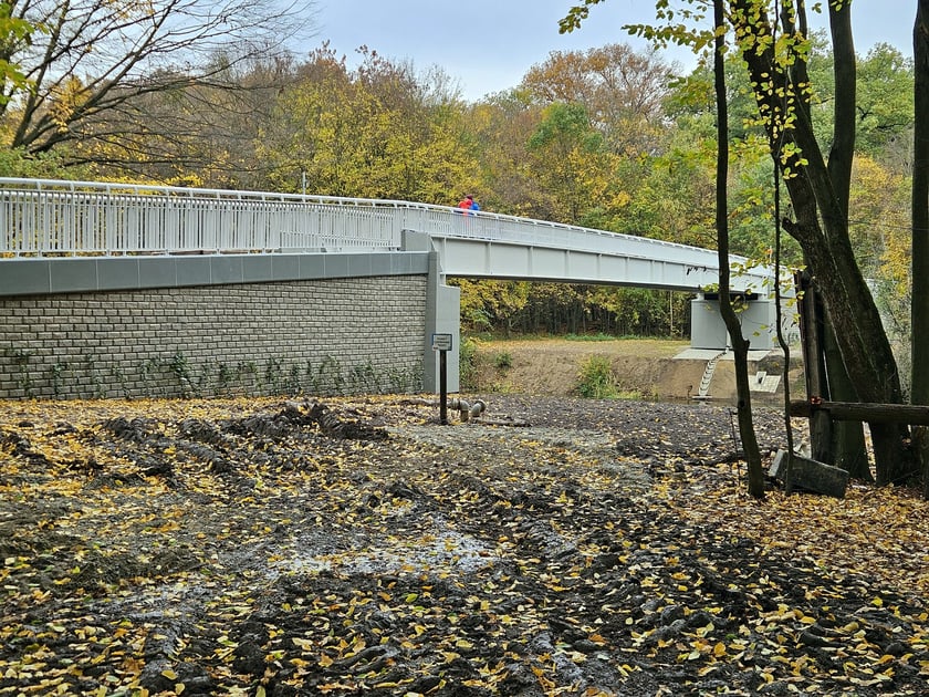 Postęp prac przy budowie kładki nad Widawą  - zdjęcia z końca września i końca października 2025 r.