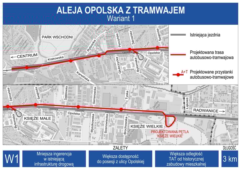 Aleja Opolska z tramwajem. Projekt planowanej trasy - wariant 1.