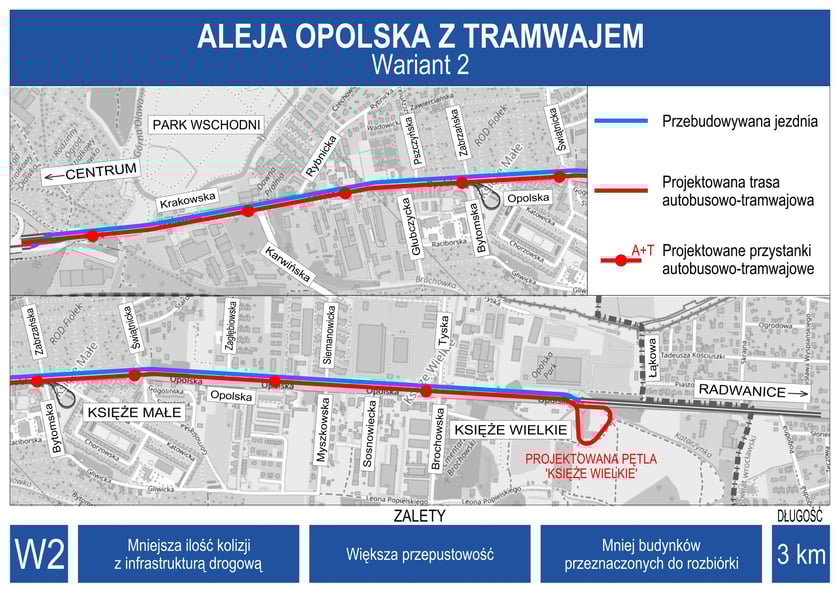 Aleja Opolska z tramwajem. Projekt planowanej trasy - wariant 2