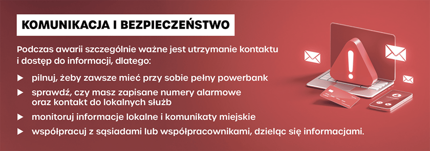 Grafika opisująca w punktach, na co zwrócić uwagę podczas awarii w domu: pilnuj, żeby zawsze mieć przy sobie pełny powerbank; sprawdź, czy masz zapisane numery alarmowe i kontakt do lokalnych służb; monitoruj informacje lokalne i komunikaty miejskie; współpracuj z sąsiadami lub współpracownikami, dzieląc się informacjami. Z prawej znak uwaga z wykrzyknikiem.
