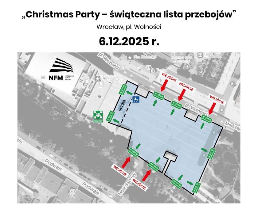 <p>Mapa placu Wolności z zaznaczonymi wejściami w dniu koncertu</p>