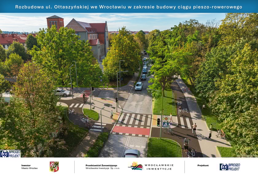 Wizualizacja przedstawiająca dobudowane ścieżki rowerowe na ul. Ołtaszyńskiej