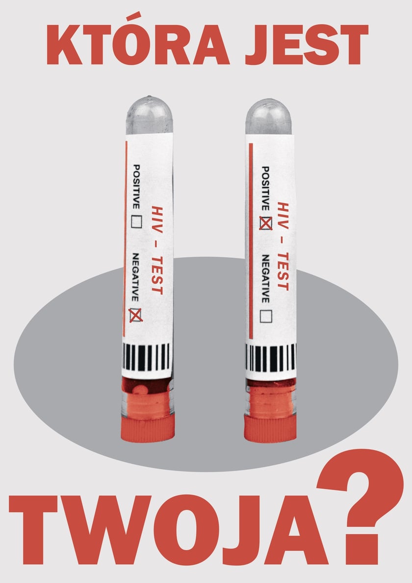 Dwie fiolki do badań krwi. Lewa fiolka pokazuje wynik negatywny (checkbox zaznaczony przy "NEGATIVE"), prawa fiolka pokazuje wynik pozytywny (checkbox zaznaczony przy "POSITIVE"). Nad nimi napis "KTÓRA JEST TWOJA?" – grafika porównawcza wyników testów HIV.