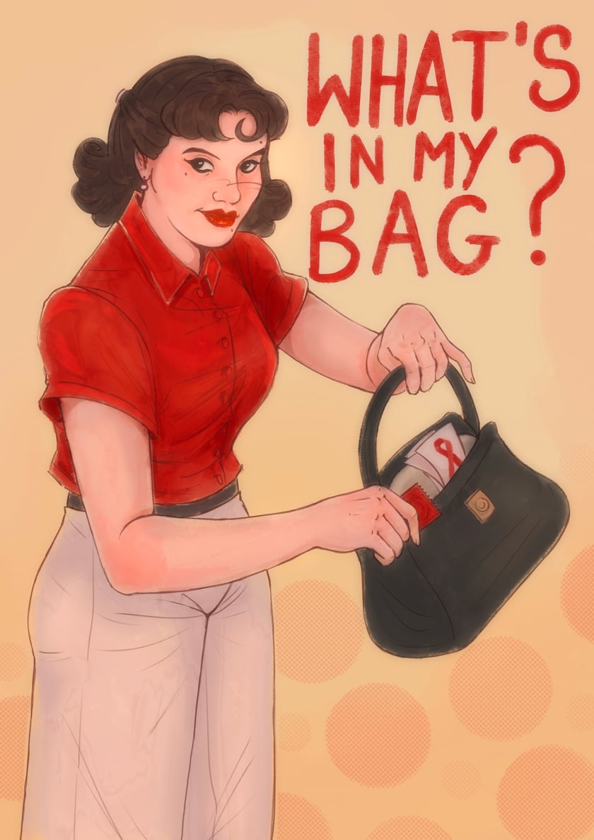 Ilustracja z lat 50. przedstawiająca kobietę w czerwonej bluzce trzymającą czarną torebkę, z tekstem "What's in my bag?" – grafika edukacyjna promująca świadomość na temat HIV.