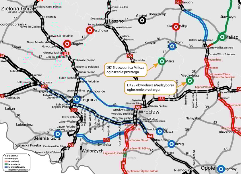Mapa przedstawiająca siec dróg na Dolnym Śląsku z zaznaczonymi miejscami powstania obwodnic Milicza i Międzyborza.