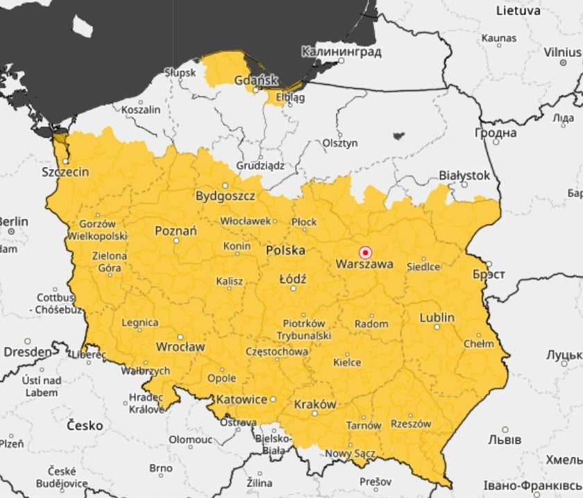 <p>Mapa Polski z zaznaczonym na ż&oacute;łto rejonem objętym ostrzeżeniem IMGW</p>