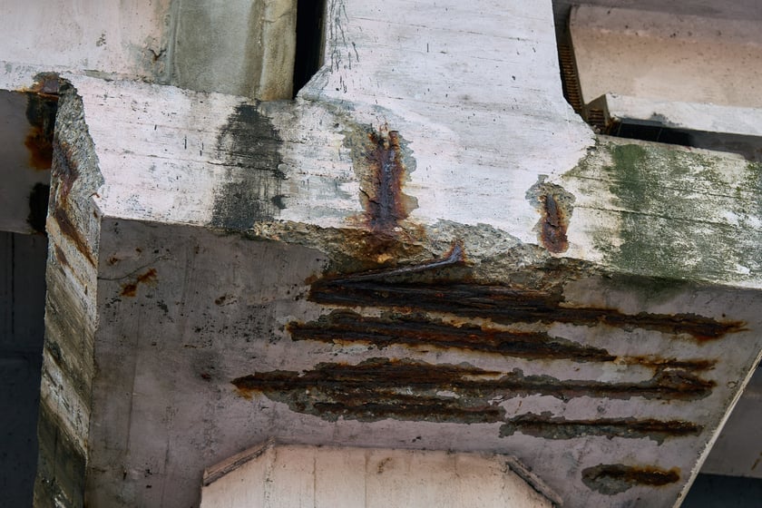 Estakady na Alei Sobieskiego - zbliżenie na wyeksploatowane elementy konstrukcji.