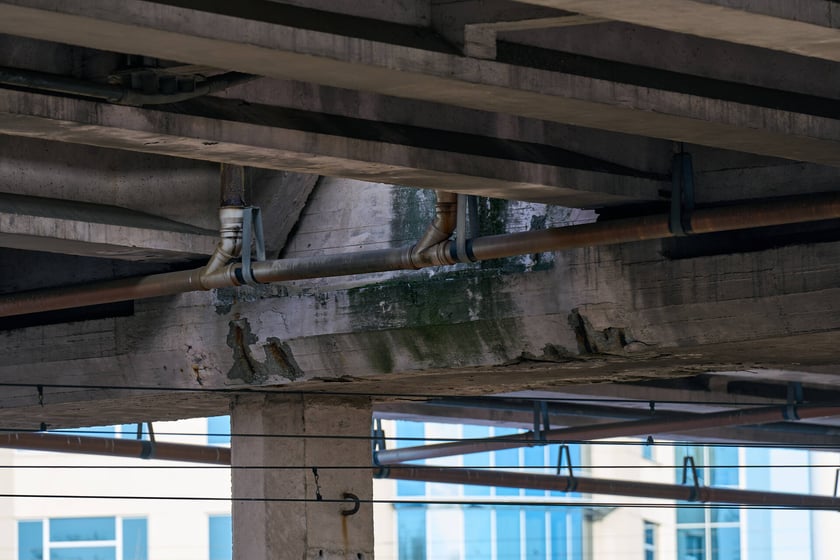 Estakady na Alei Sobieskiego - zbliżenie na wyeksploatowane elementy konstrukcji.