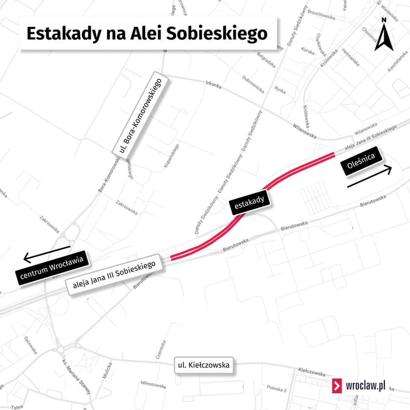 Mapa przedstawiające położenie estakad na Alei Sobieskiego.