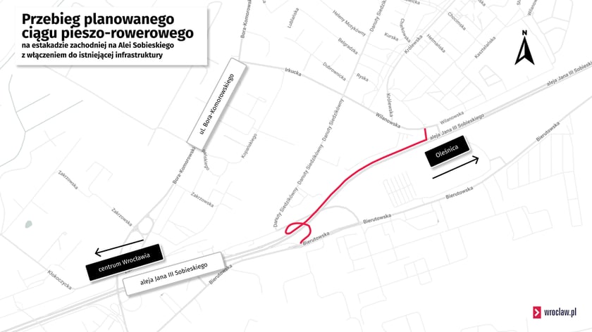 Mapa pokazująca przebieg planowanego ciągu pieszo - rowerowego od ul. Wilanowskiej przez estakadę na Al. Sobieskiego do ul. Bierutowskiej.