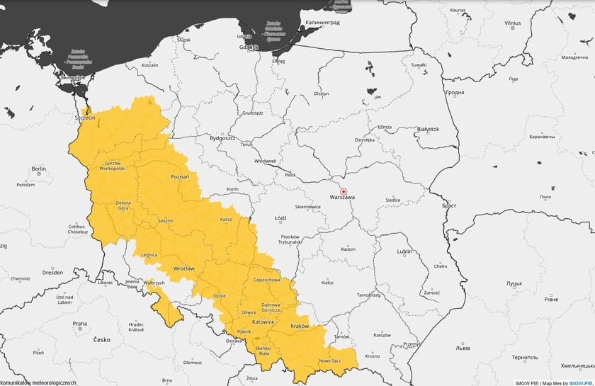Mapa Polski prezentująca zasięg prognozowanych zamgleń