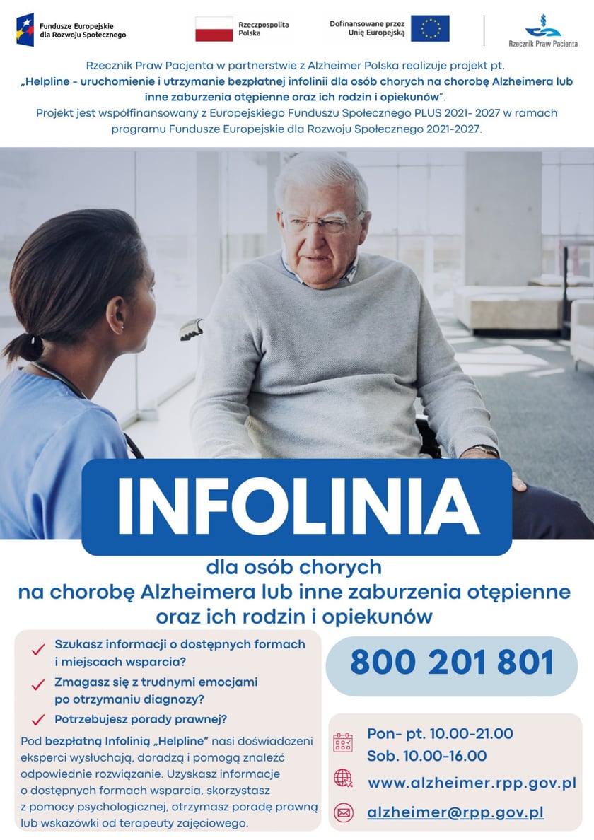 Plakat informujący o infolinii dla osób chorych na Alzheimera