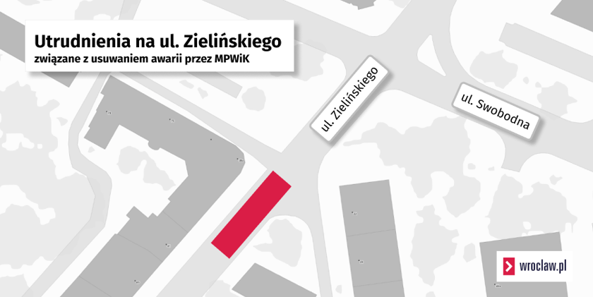 Mapa pokazująca miejsce, w którym będzie prowadzona reperacja kanalizacji na ul. Zielińskiego, co spowoduje utrudnienia w ruchu.