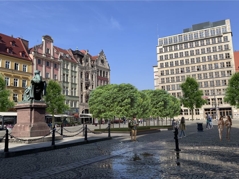 Wizualizacja nasadzeń nowych drzew na wrocławskim Rynku.