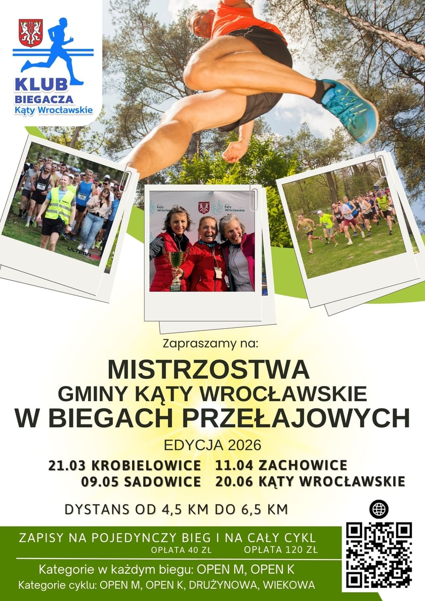Plakat zapowiadający cykl zawodów w biegach przełajowych w gminie Katy Wrocławskie w 2026 r.