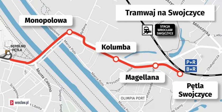 Mapa przedstawia trasę tramwaju na Swojczyce
