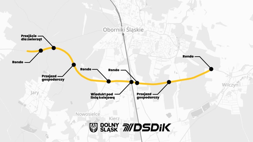 Mapa przedstawiająca przebieg obwodnicy Obornik Śląskich z zaznaczeniem umiejscowienia rond, wiaduktów i innych obiektów.