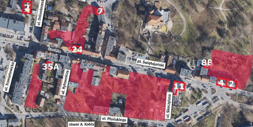 Historyczna Leśnica - widok z lotu ptaka na kamienice i podwórka, które będą objęte remontami i rewitalizacją.