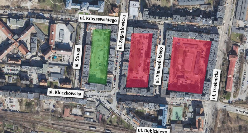 Podwórkowy trójpak Kleczkowa - widok z lotu ptaka na podwórka objęte projektem. Na zielono - zrewitalizowane wnętrze, na czerwono - czekające na odnowienie.