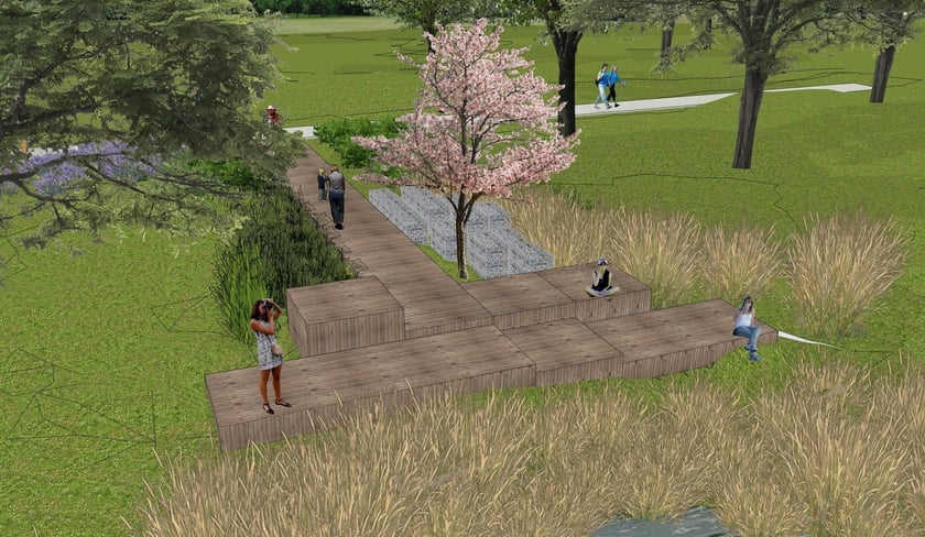 Wizualizacja przedstawiająca planowane pomosty na terenach między ulicami Przybyły i Kardamonową.