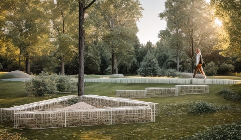 Wizualizacja przedstawiająca planowane elementy gabionowe  na terenach między ulicami Przybyły i Kardamonową.