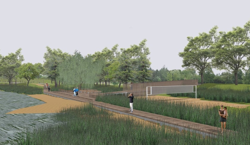 Wizualizacja przedstawiająca planowaną plaże i pomosty nad stawem na terenach między ulicami Przybyły i Kardamonową.