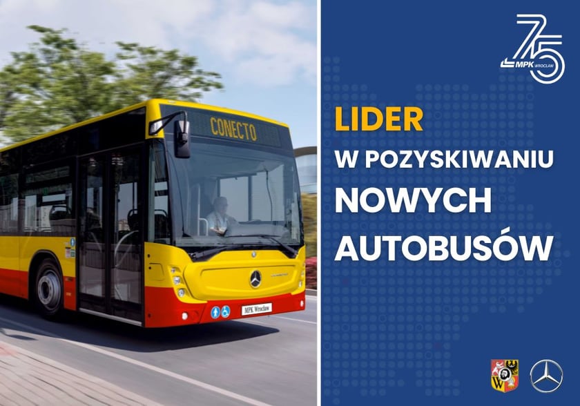 Infografika z autobusem i napisem "Lider w pozyskiwaniu nowych autobusów".