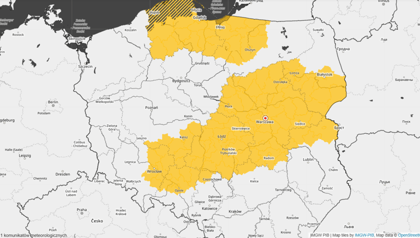 Mapa ostrzeżeń pogodowych przed gęstą mgłą w nocy z 1 na 2 marca 2026