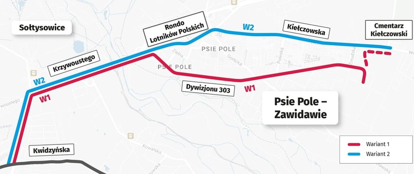Mapa przedstawia warianty przebiegu tramwaju na Psie Pole
