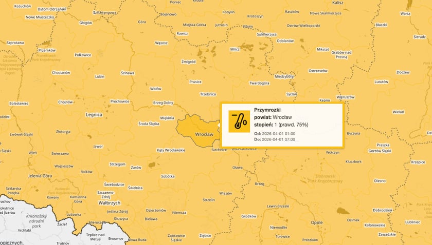 <p>Ostrzeżenia 1. stopnia o przymrozkach we Wrocławiu - tu na noc z 31 marca na 1 kwietnia. Og&oacute;łem, obowiązują do piątku, do 7:30</p>