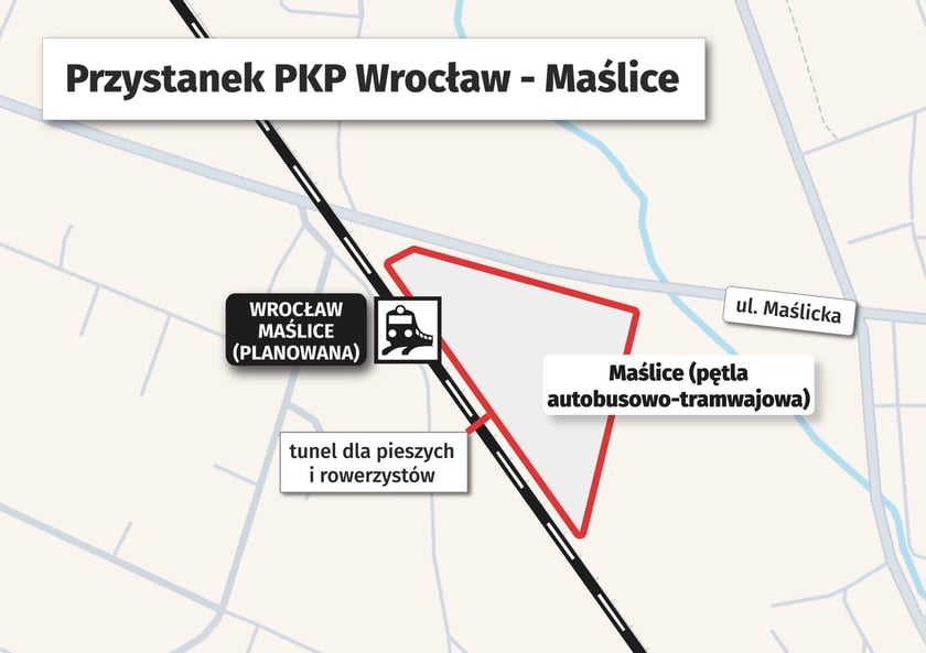 Mapa przedstawia lokalizację węzła przesiadkowego z przystankiem kolejowym Wrocław Maślice