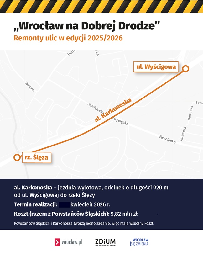 Mapa przedstawia remontowany odcinek Alei Karkonoskiej