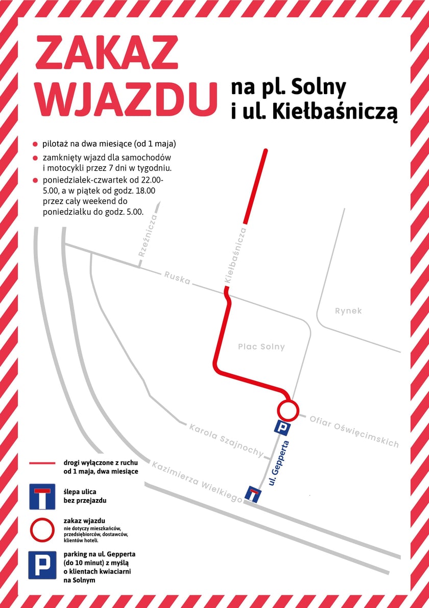 Plan placu Solnego z oznaczona strefą ograniczenia ruchu