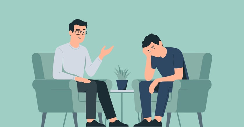 Powiększ obraz: Grafika przedstawia dwóch mężczyzn siedzących na fotelach.