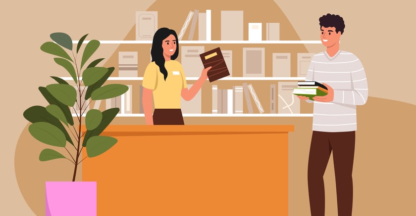 Powiększ obraz: Grafika przedstawia dziewczynę i chłopaka w bibliotece.