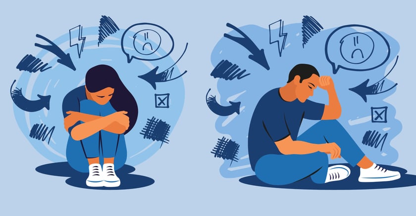 Powiększ obraz: Grafika przedstawia zmartwioną kobietę i mężczyznę.