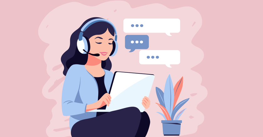 Powiększ obraz: Grafika przedstawiająca kobietę w słuchawkach, prowadzącą rozmowę poprzez videochat.