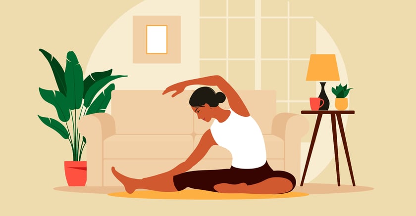 Powiększ obraz: Grafika przedstawia kobietę wykonującą ćwiczenia jogi.