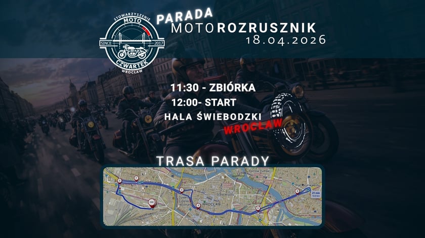 Powiększ obraz: Infografika przedstawiająca trasę parady MotoRozrusznik  18 kwietnia 2026 r.